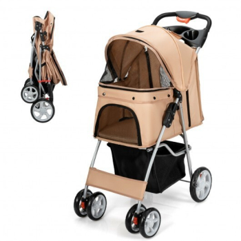 Foldable 4wheel Pet Stroller With Storage Basket-beige Color: Beige
