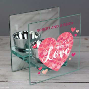 Personalised 'all You Need is Love' Confetti Hearts Glass Tea Light Candle Holder